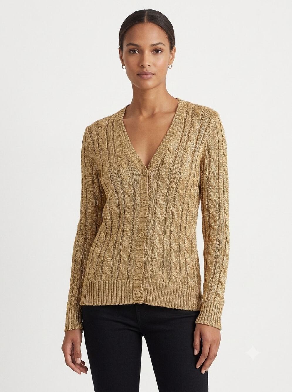Lauren Ralph Lauren V-Neck Sweater Womens 3X Metallic Gold Cable Knit Classic